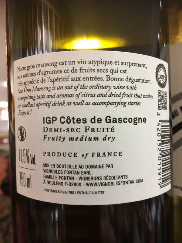 Côtes de Gascogne, demi sec du domaine de Maubet